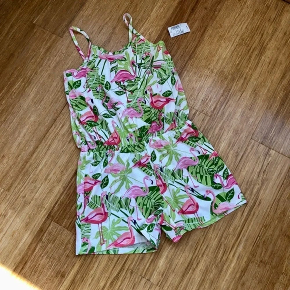 The Children's Place Large Pink Green Flamingo Romper NWT Soft cotton vacation‎